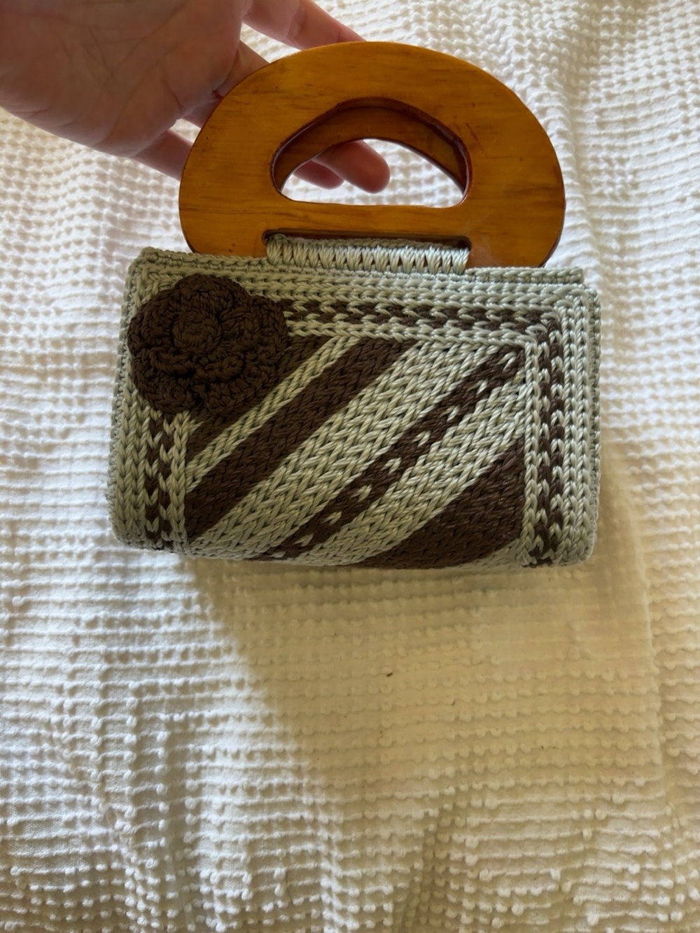 1960s Vintage Handmade Crochet Handbag Wooden Handles Boho Cottagecore Purse